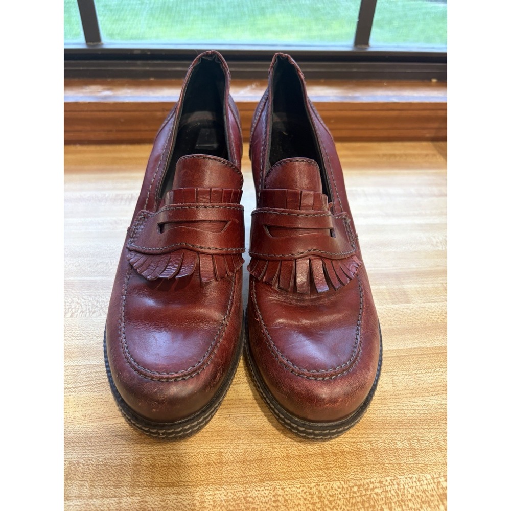 Tamaris Womens 38 Burgundy Leather Kiltie Penny Loafer Pumps Block Heel - Picture 3 of 12